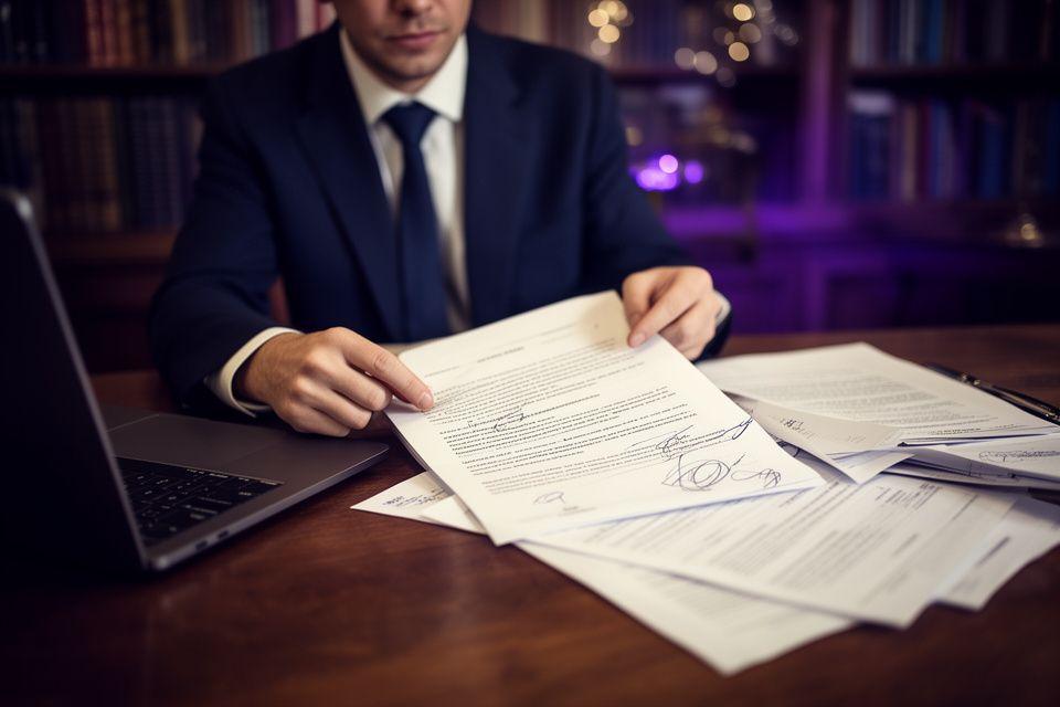 Solicitor reviewing a contract file beside a library desk in London with annotated pages and a laptop